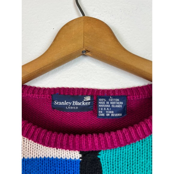 Vintage 100% Cotton 80s Stanley Blacker Geometric Sweater Large - Picture 4 of 5